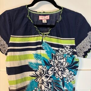 Koi by Kathy Peterson Floral Scrub Top Navy Blue Lime Green Cotton Size M
